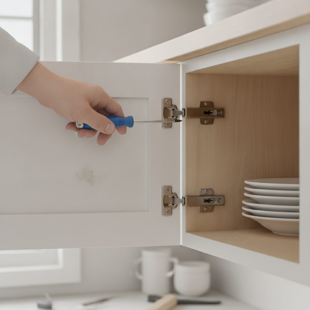 Dùng tua-vít chỉnh ốc bản lề cửa tủ bếp ngay tại nhà, không cần tháo cánh