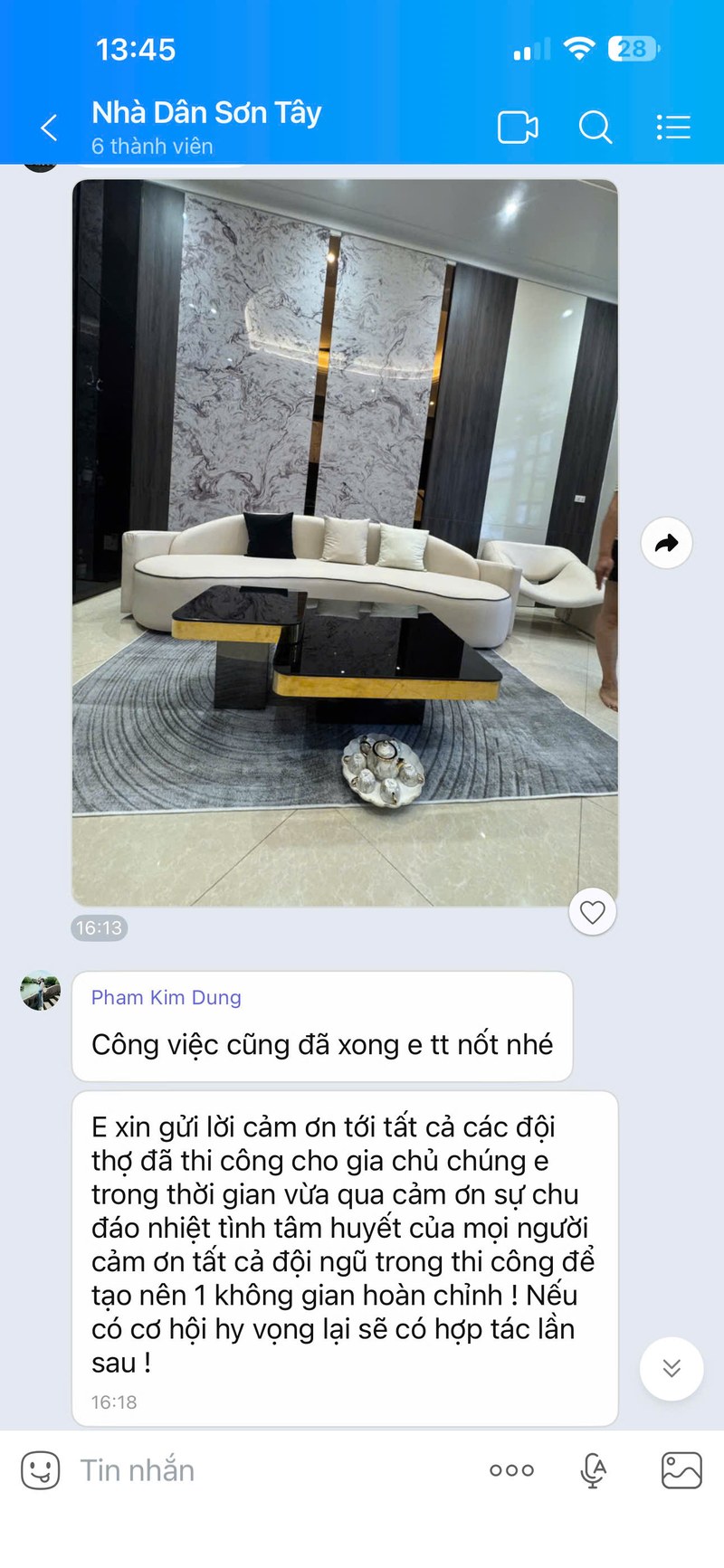 Tin nhắn cảm ơn thật của chị Dung - nhà dân Phú Nhi, Sơn Tây gửi Nội Thất Hà Tuấn LX