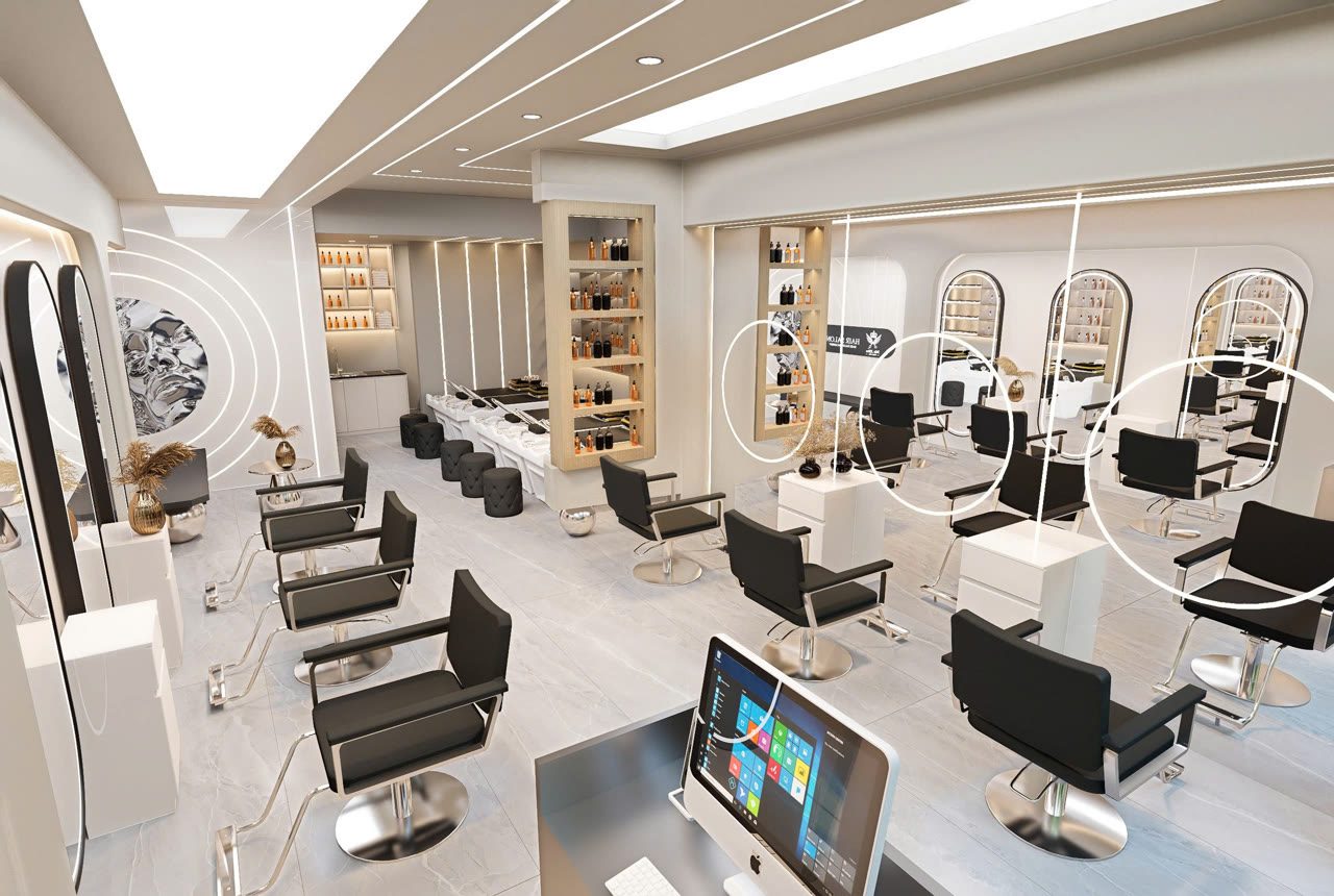 bố trí salon tóc - Salon tóc bố trí công năng khoa học, dãy ghế cắt và gương lớn