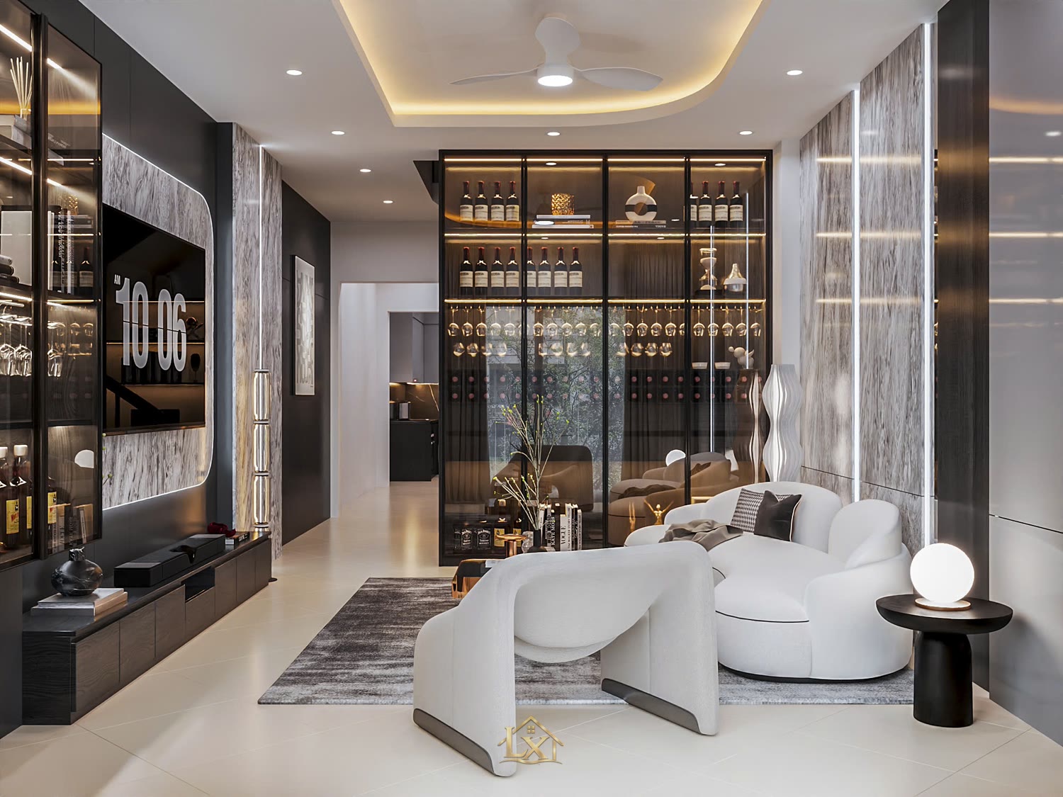 Vách tivi phòng khách - công trình Nội Thất Hà Tuấn LX