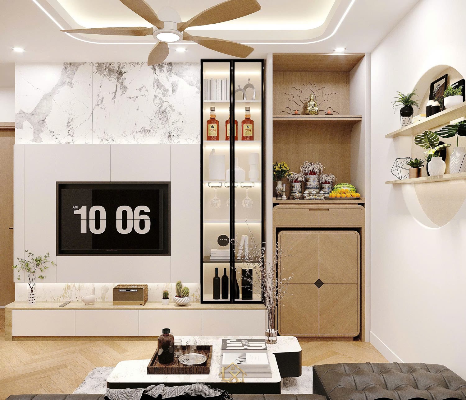 Vách tivi phòng khách - công trình Nội Thất Hà Tuấn LX