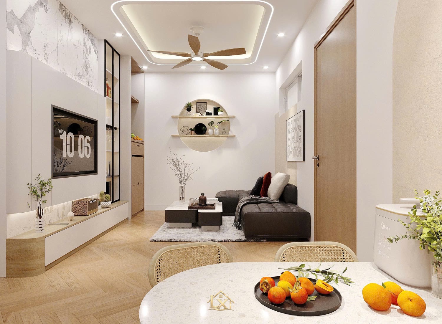 Vách tivi phòng khách - công trình Nội Thất Hà Tuấn LX