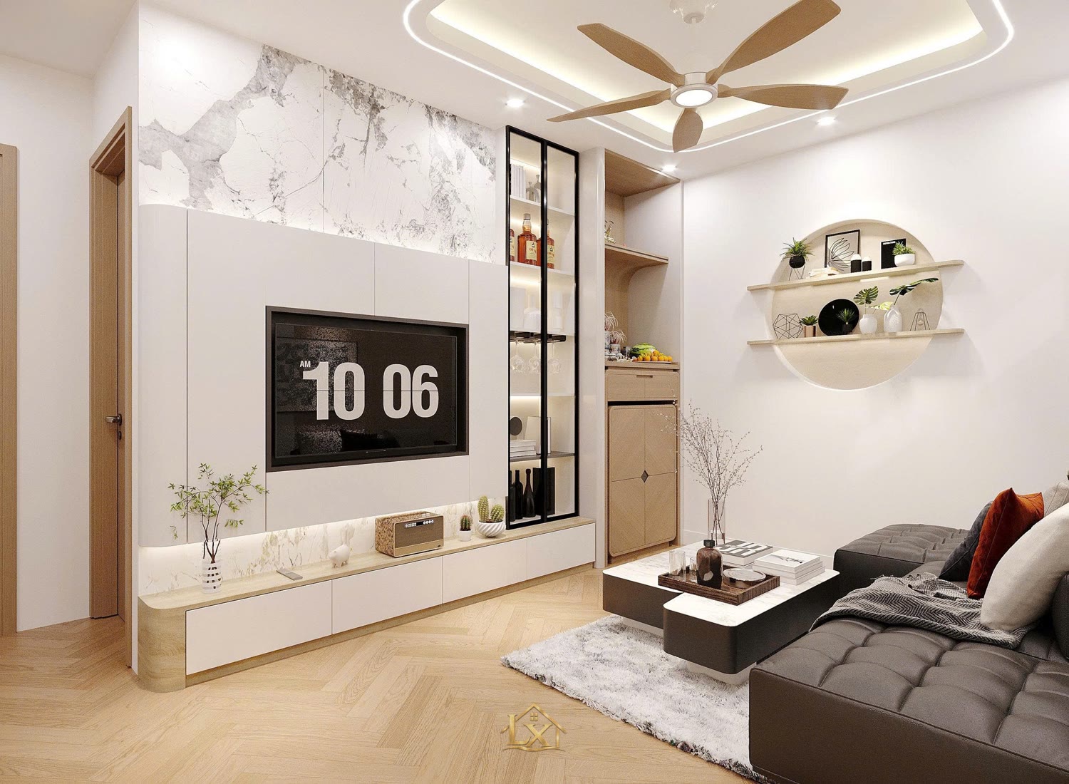 Vách tivi phòng khách - công trình Nội Thất Hà Tuấn LX