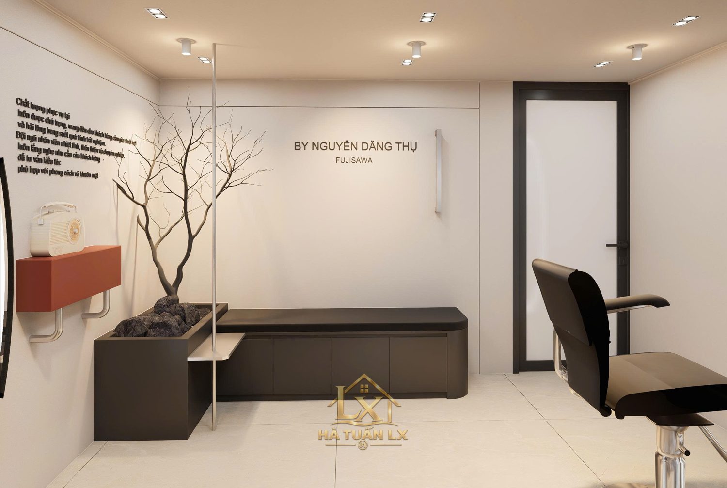 Phối cảnh 3D salon Nguyễn Đăng Thụ - gương oval tông trắng - Nội Thất Hà Tuấn LX