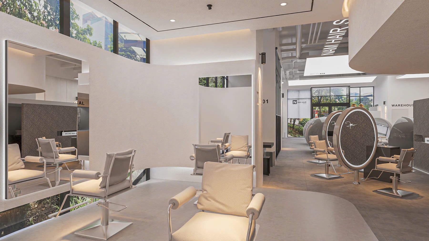 Nội thất salon tóc NAM HAIR do Nội Thất Hà Tuấn LX thiết kế & thi công — ghế cắt cao cấp, gương oval, không gian sang trọng