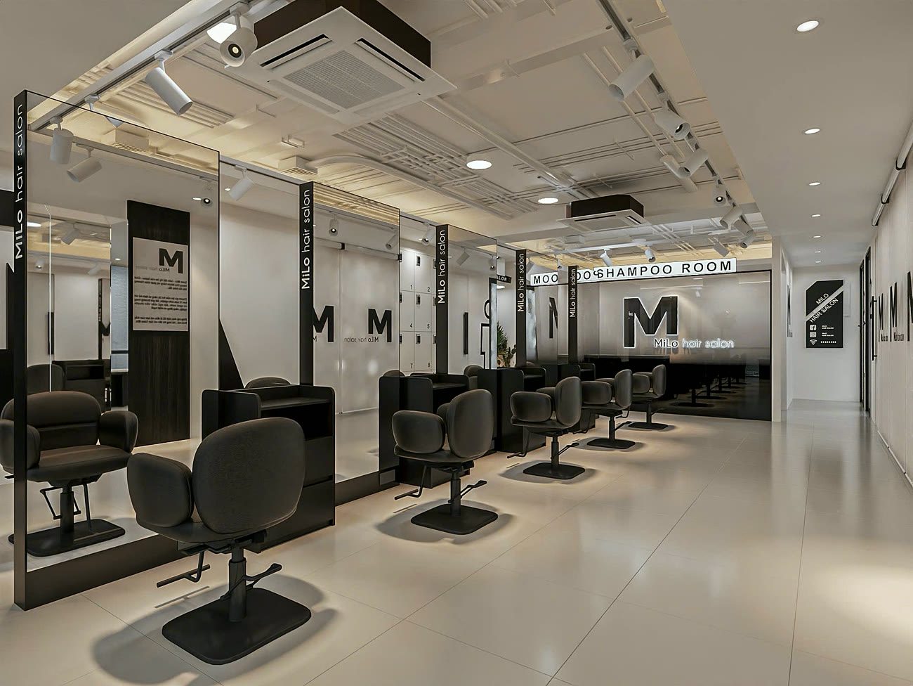 Không gian salon tóc rộng hiện đại dãy ghế cắt - MiLo Hair Salon