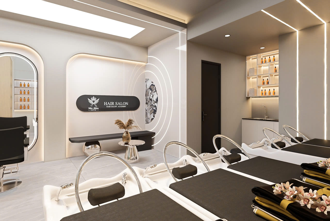 Khu gội đầu và góc reception Mr.Bin Hair Salon - Nội Thất Hà Tuấn LX