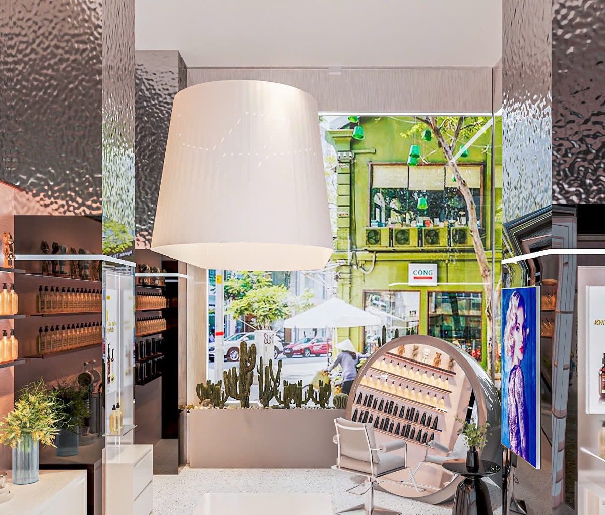 Thiết kế 3D salon 92 Triệu Việt Vương - khu gương và kệ trưng bày