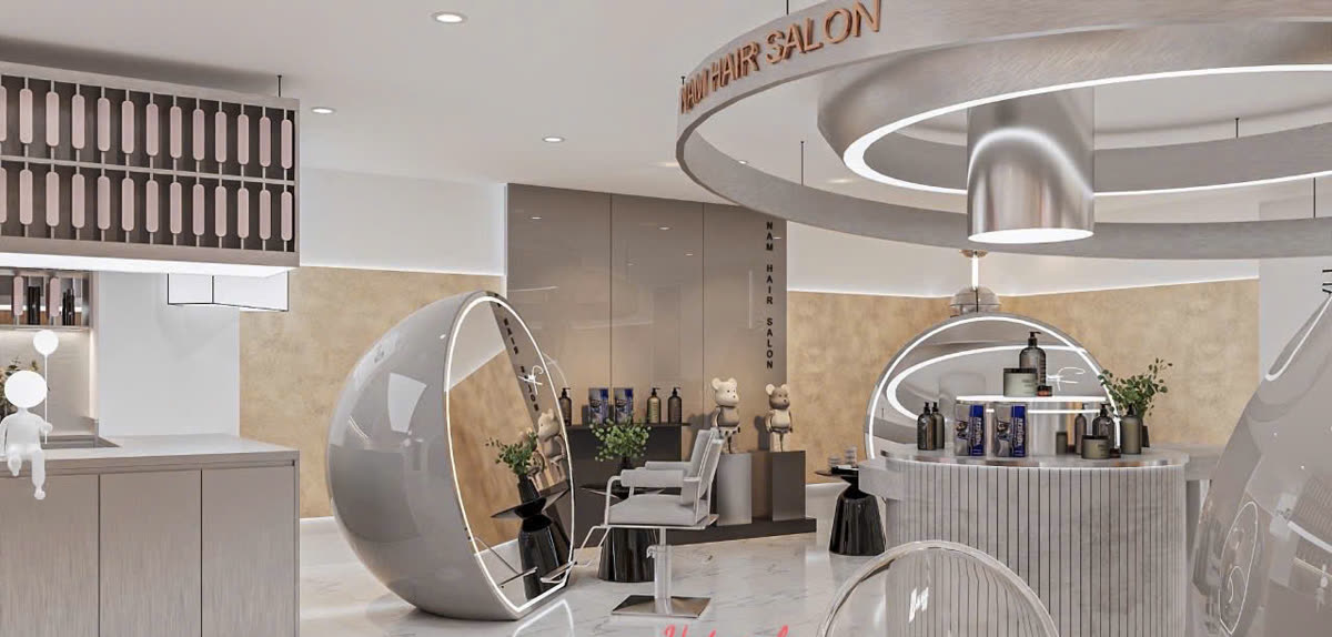 Thiết kế 3D salon 92 Triệu Việt Vương - ghế cắt gương cầu LED