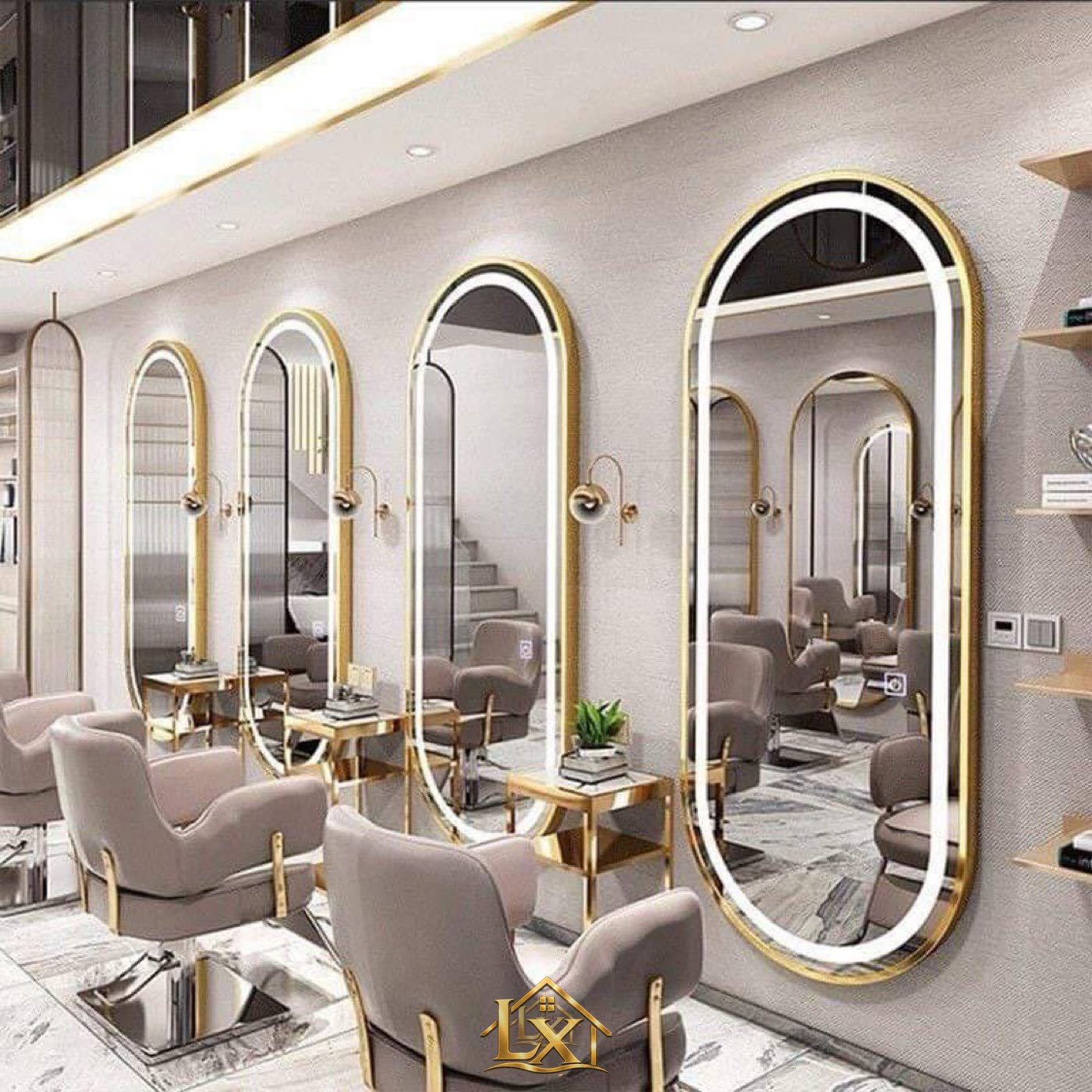 Mẫu dãy gương vòm oval khung vàng lounge sang - Nội Thất Hà Tuấn LX