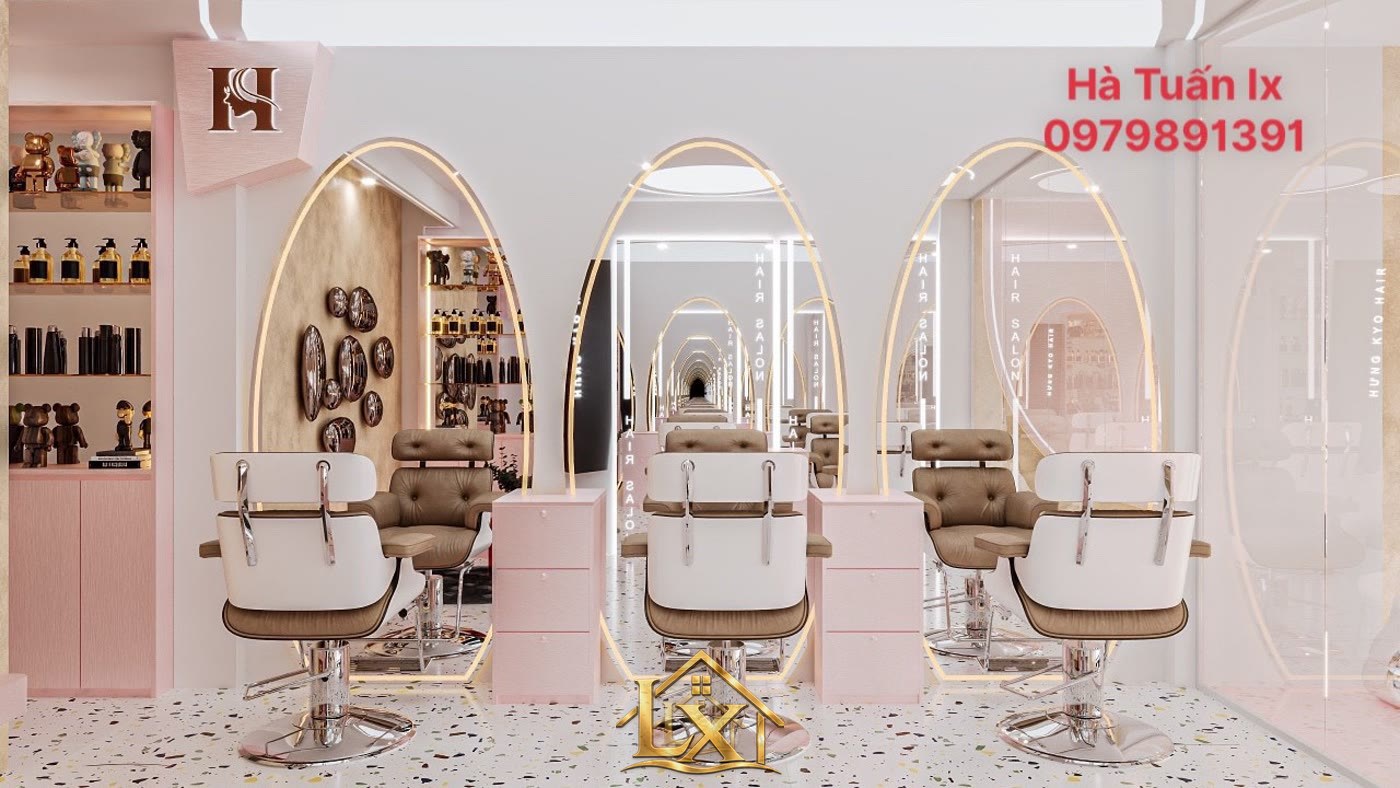 Mẫu gương oval vòm khung vàng salon hồng pastel - Nội Thất Hà Tuấn LX