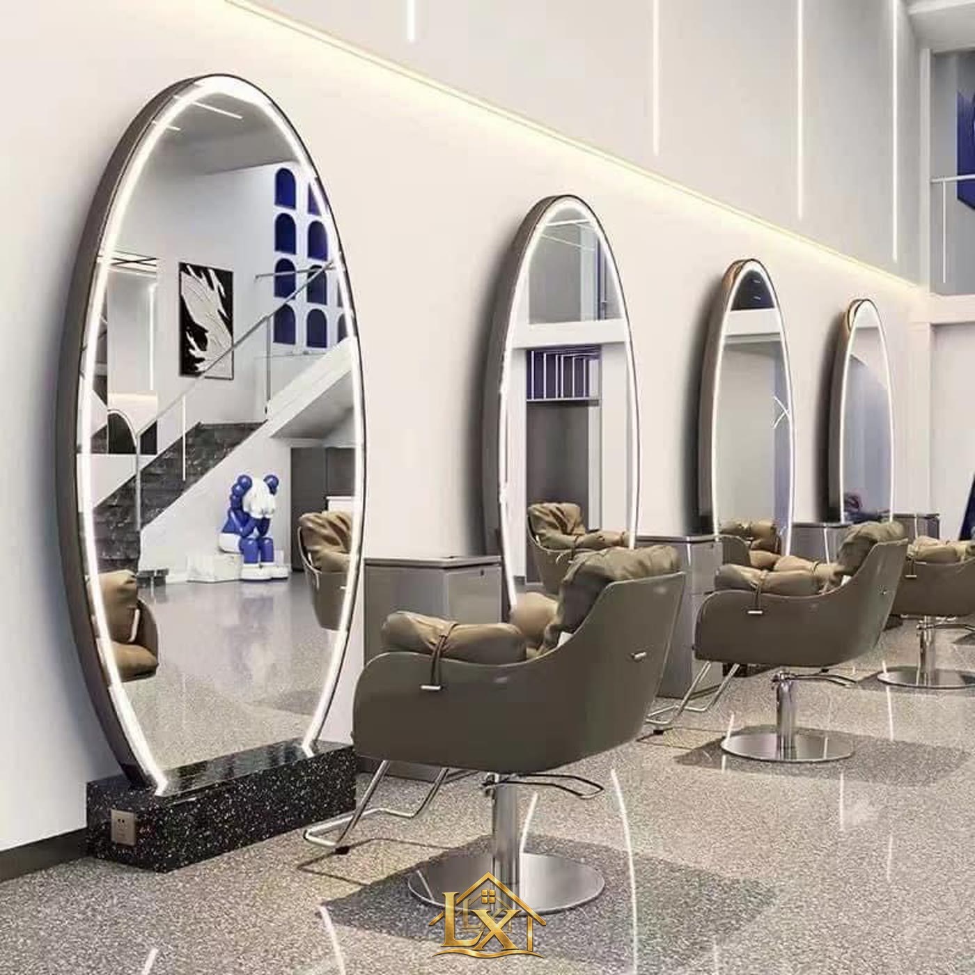Mẫu dãy gương oval viền LED salon - Nội Thất Hà Tuấn LX