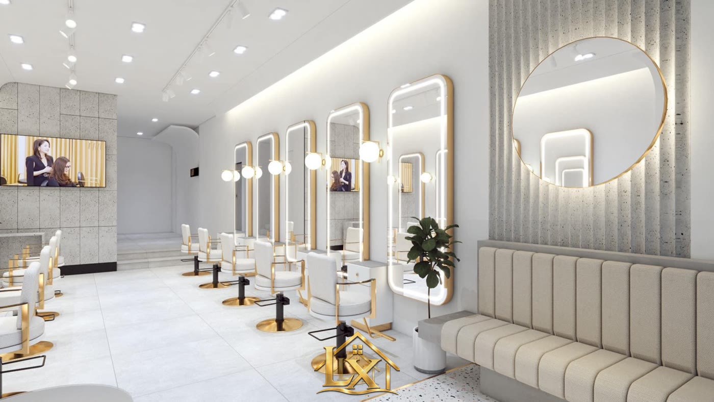 Mẫu gương tròn và vòm viền LED khu lounge - Nội Thất Hà Tuấn LX