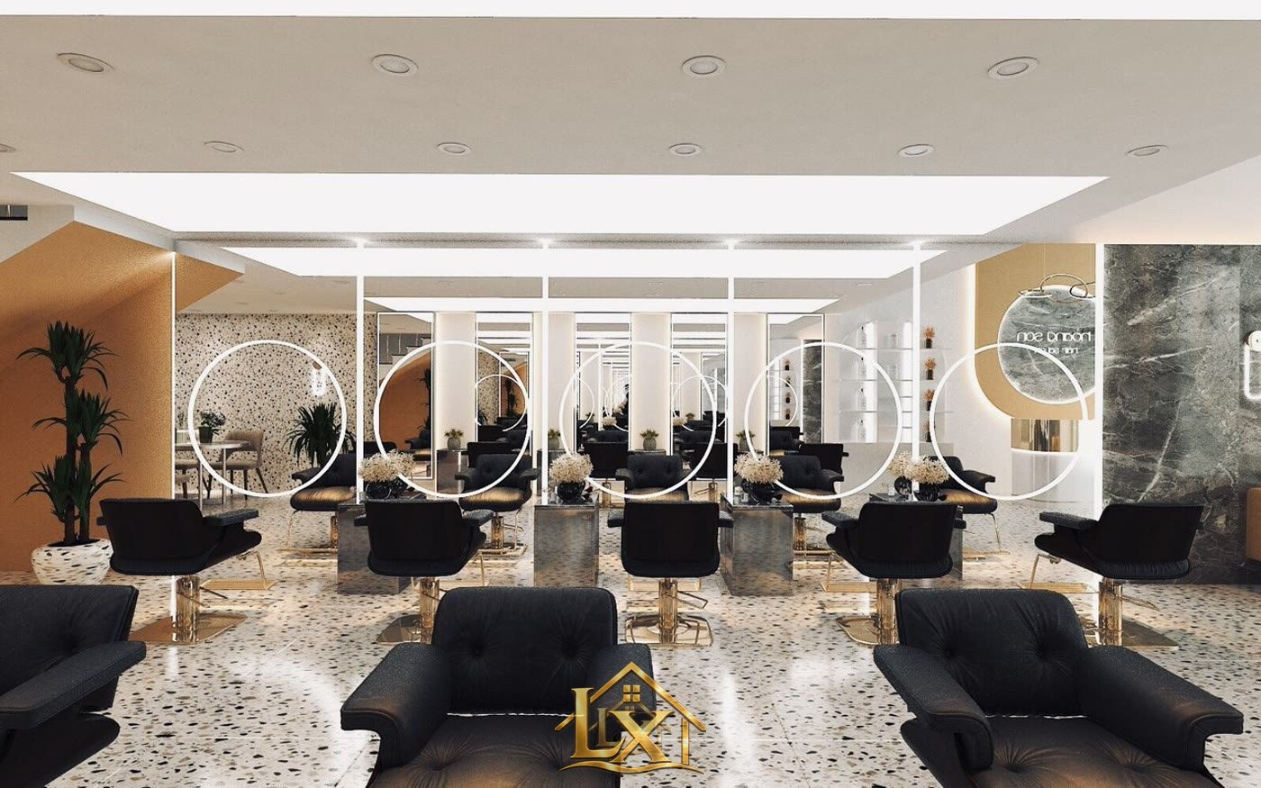 Mẫu dãy gương tròn viền LED khu lounge - Nội Thất Hà Tuấn LX