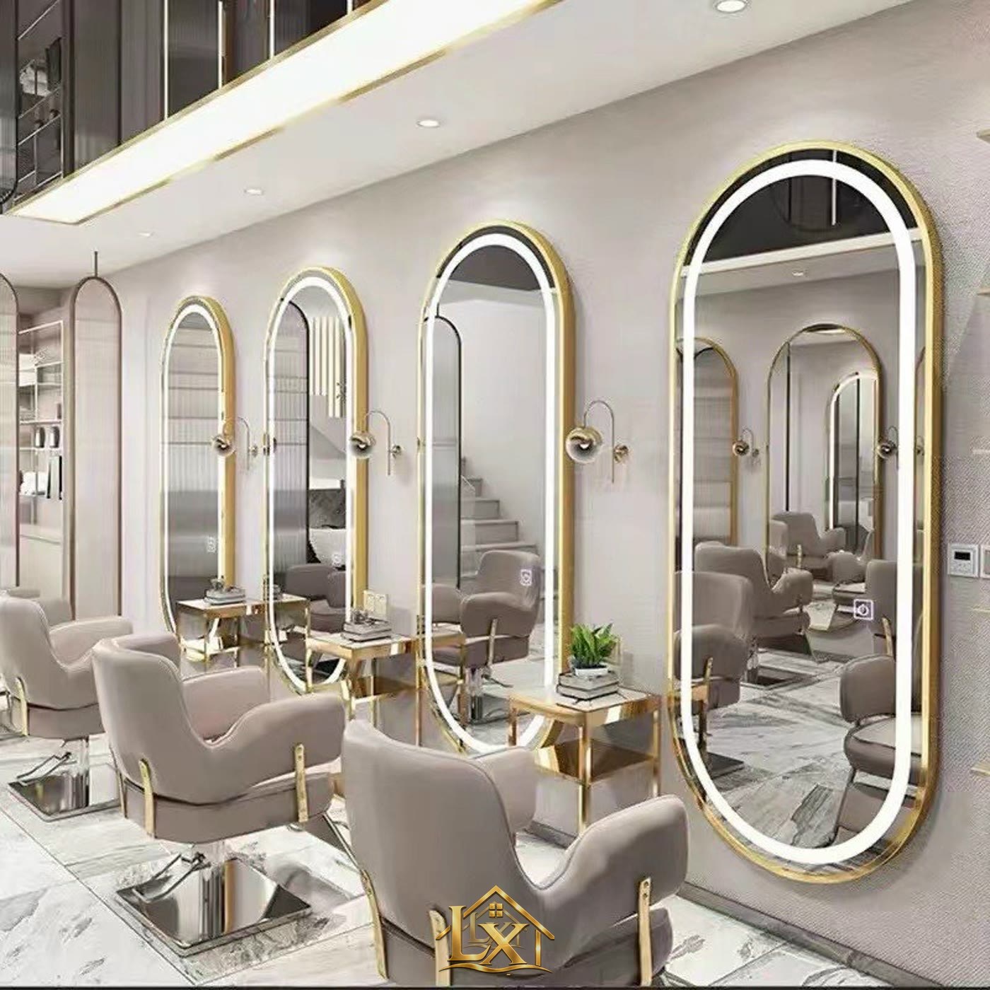 Mẫu dãy gương oval viền LED khung vàng salon kem - Nội Thất Hà Tuấn LX