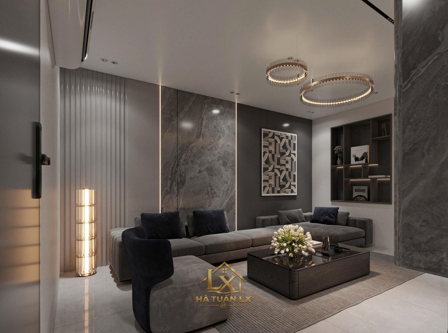 Vách tivi phòng khách (thiết kế 3D) - Nội Thất Hà Tuấn LX