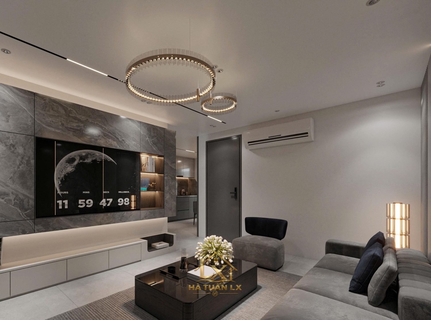 Vách tivi phòng khách (thiết kế 3D) - Nội Thất Hà Tuấn LX