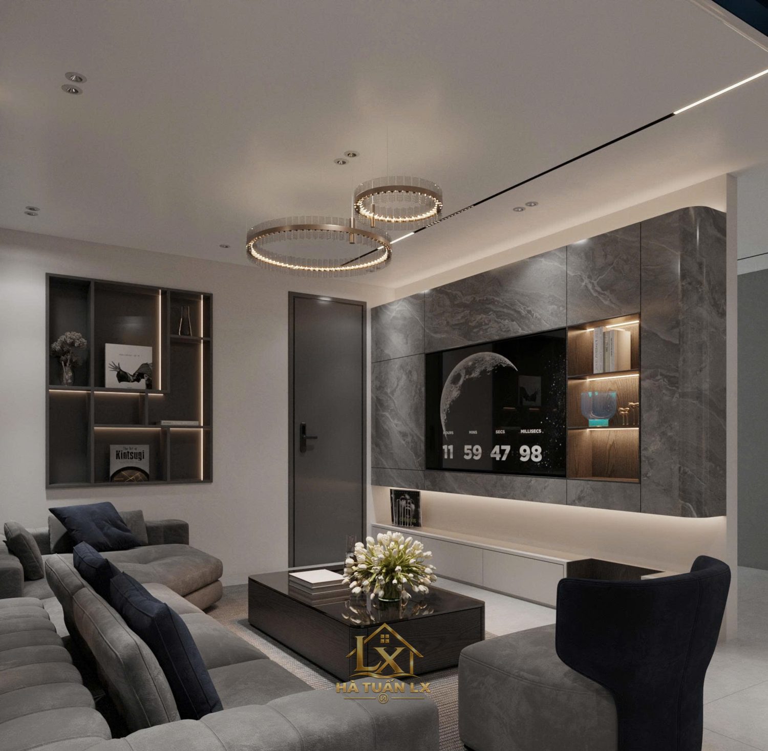 Vách tivi phòng khách (thiết kế 3D) - Nội Thất Hà Tuấn LX
