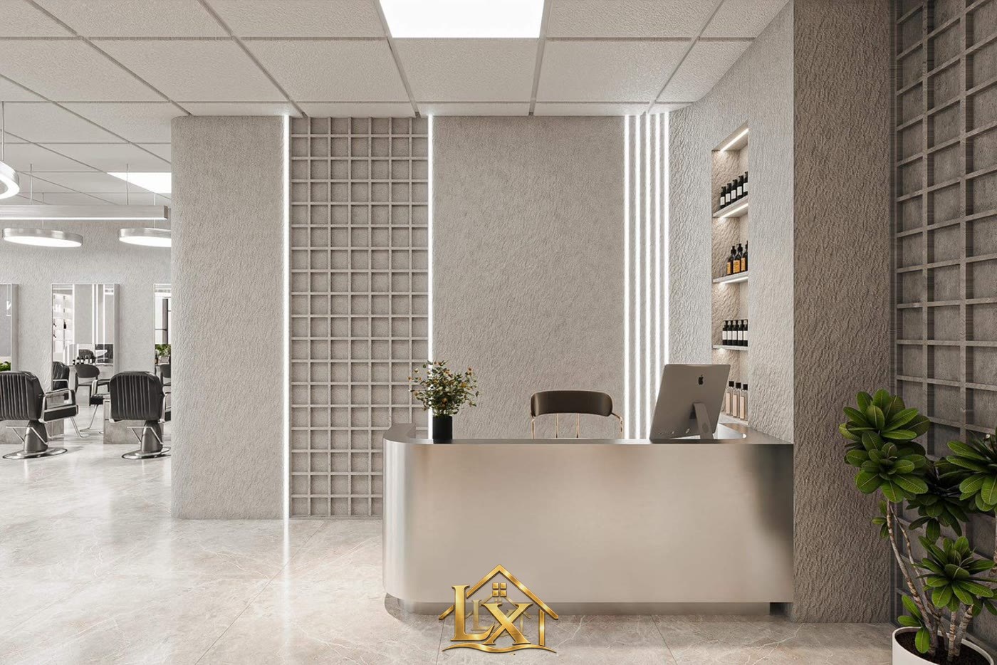 Mẫu quầy lễ tân cong inox thép tường bê tông tối giản - Nội Thất Hà Tuấn LX