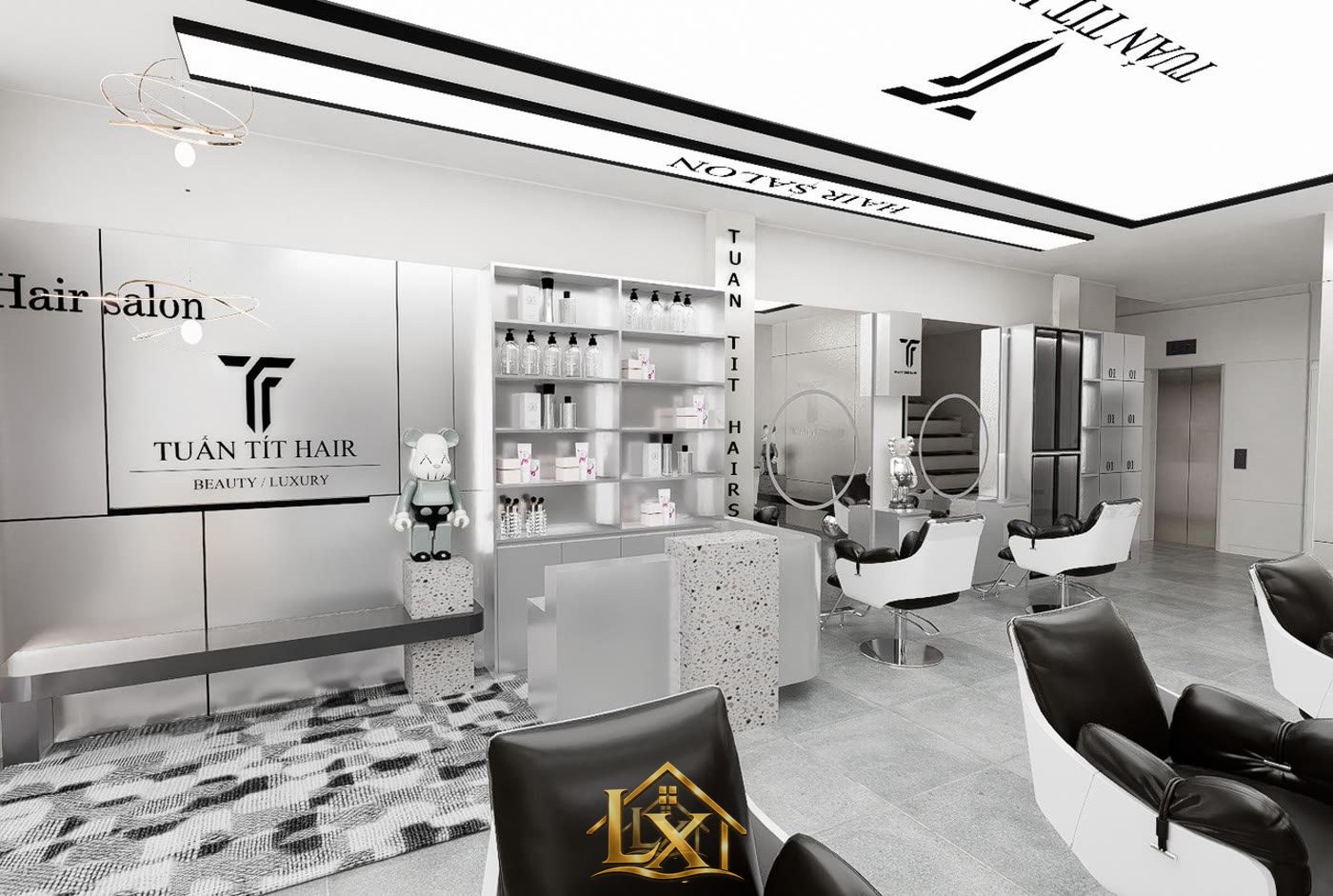 Mẫu quầy lễ tân và kệ trưng bày trắng đen luxury - Nội Thất Hà Tuấn LX