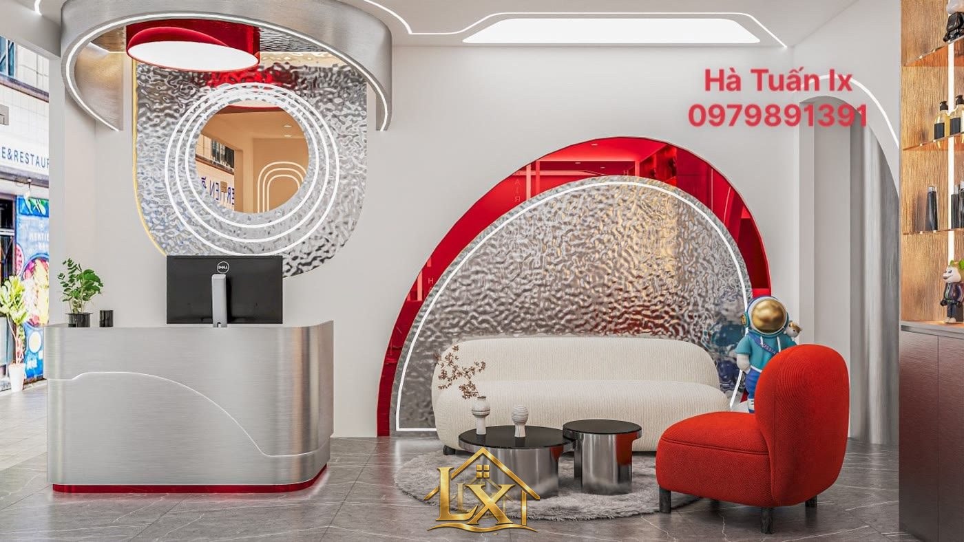 Mẫu quầy lễ tân inox khu chờ sofa hiện đại - Nội Thất Hà Tuấn LX