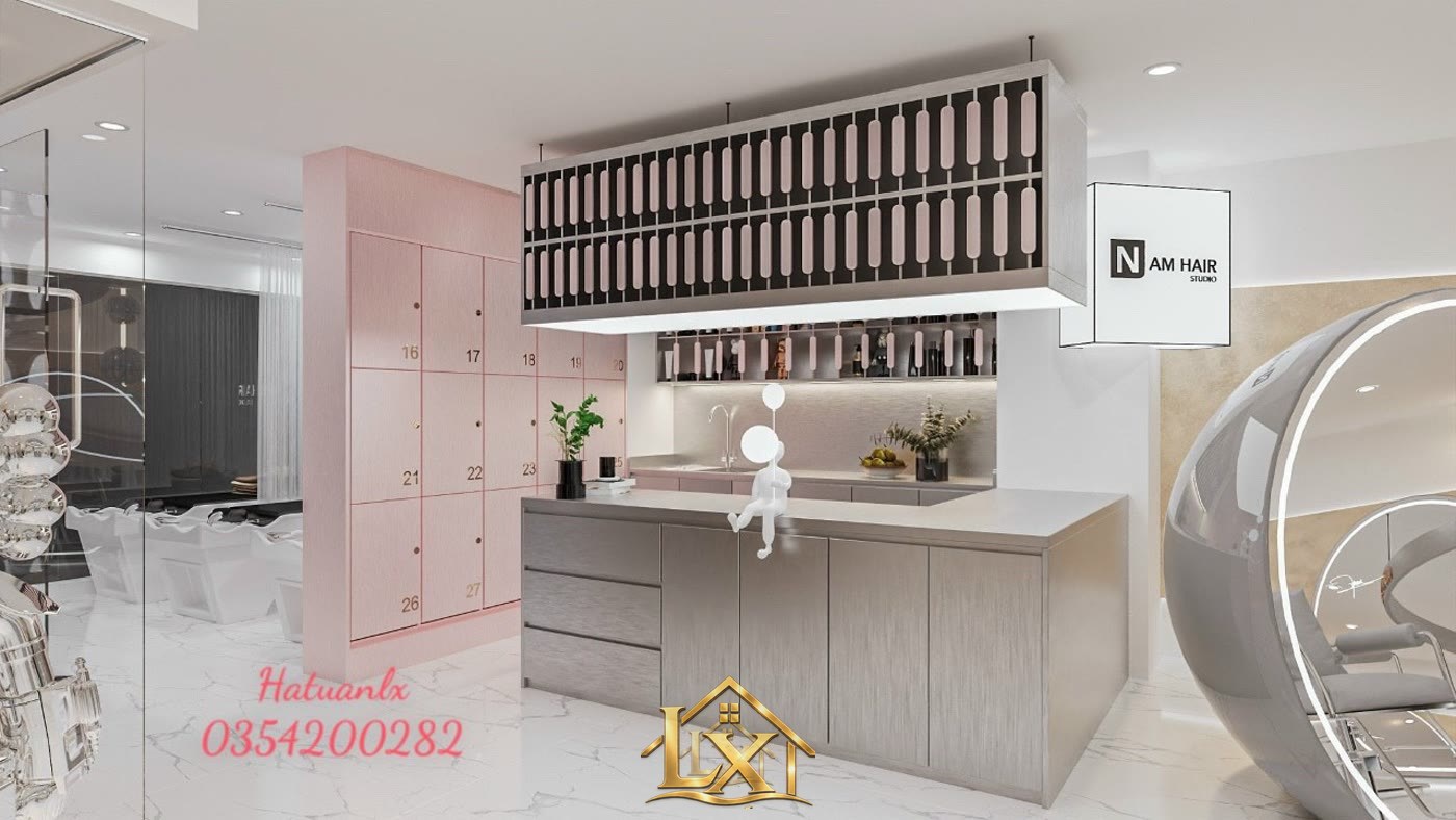 Mẫu quầy bar gỗ và tủ locker hồng - Nội Thất Hà Tuấn LX