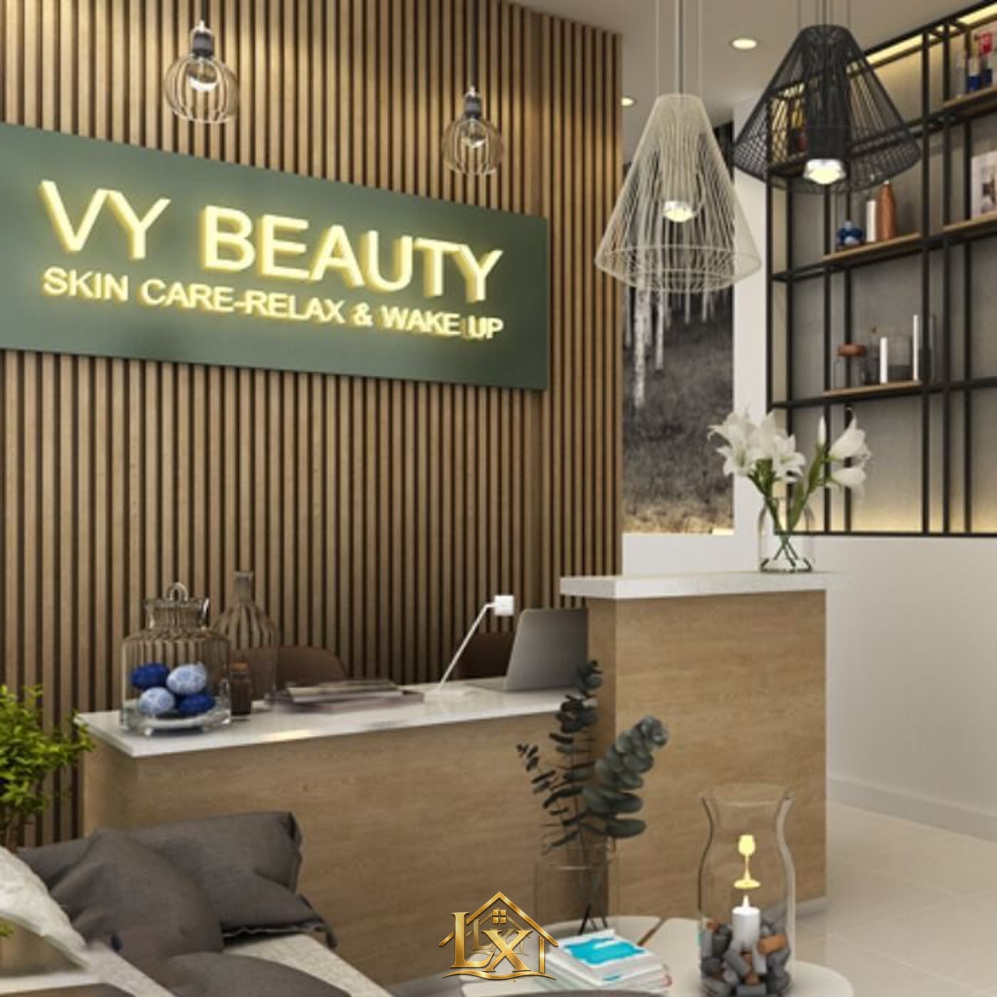 Mẫu quầy lễ tân gỗ ấm phong cách spa - Nội Thất Hà Tuấn LX