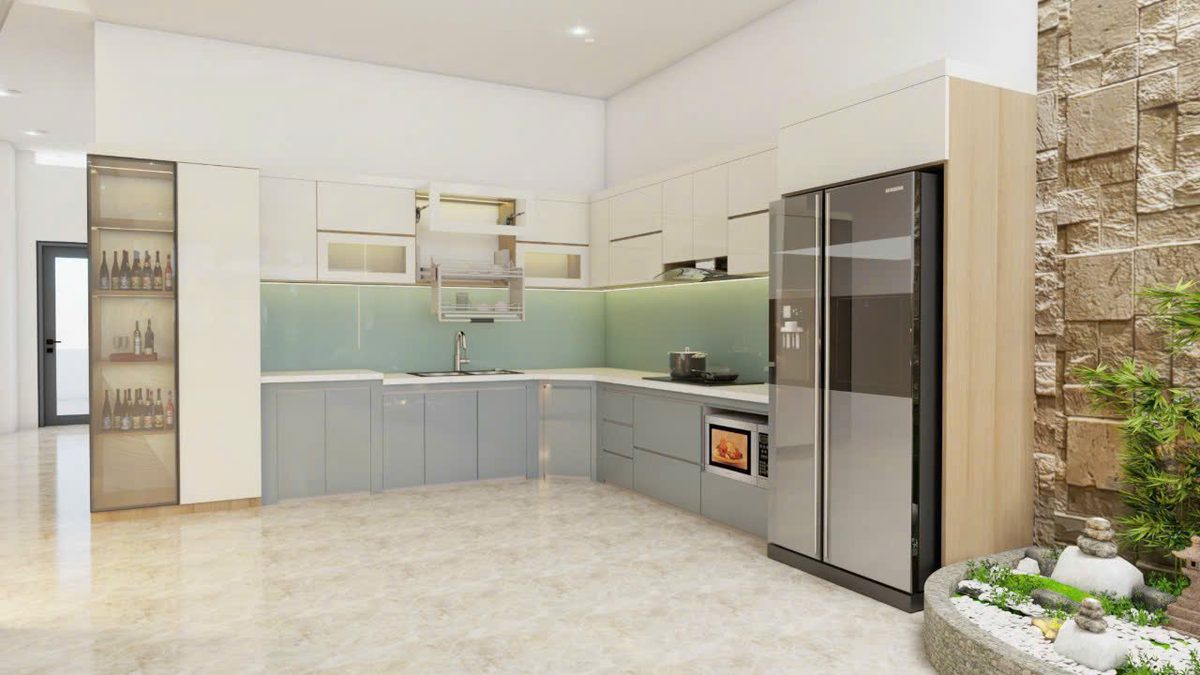 Tủ bếp trắng liền mạch mở ra không gian phòng khách và cầu thang thoáng rộng - Nội Thất Hà Tuấn LX